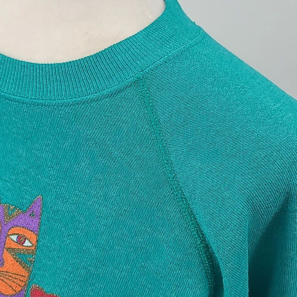 Vintage Laurel Burch I LOVE CATS! Sweatshirt teal green large hanes - Picture 5 of 16